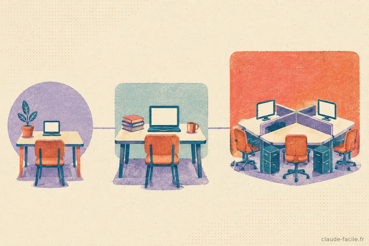 Trois espaces de travail cote a cote a echelle croissante — un bureau isole avec une plante, un bureau intermediaire avec des livres, et un ilot de trois bureaux connectes en equipe