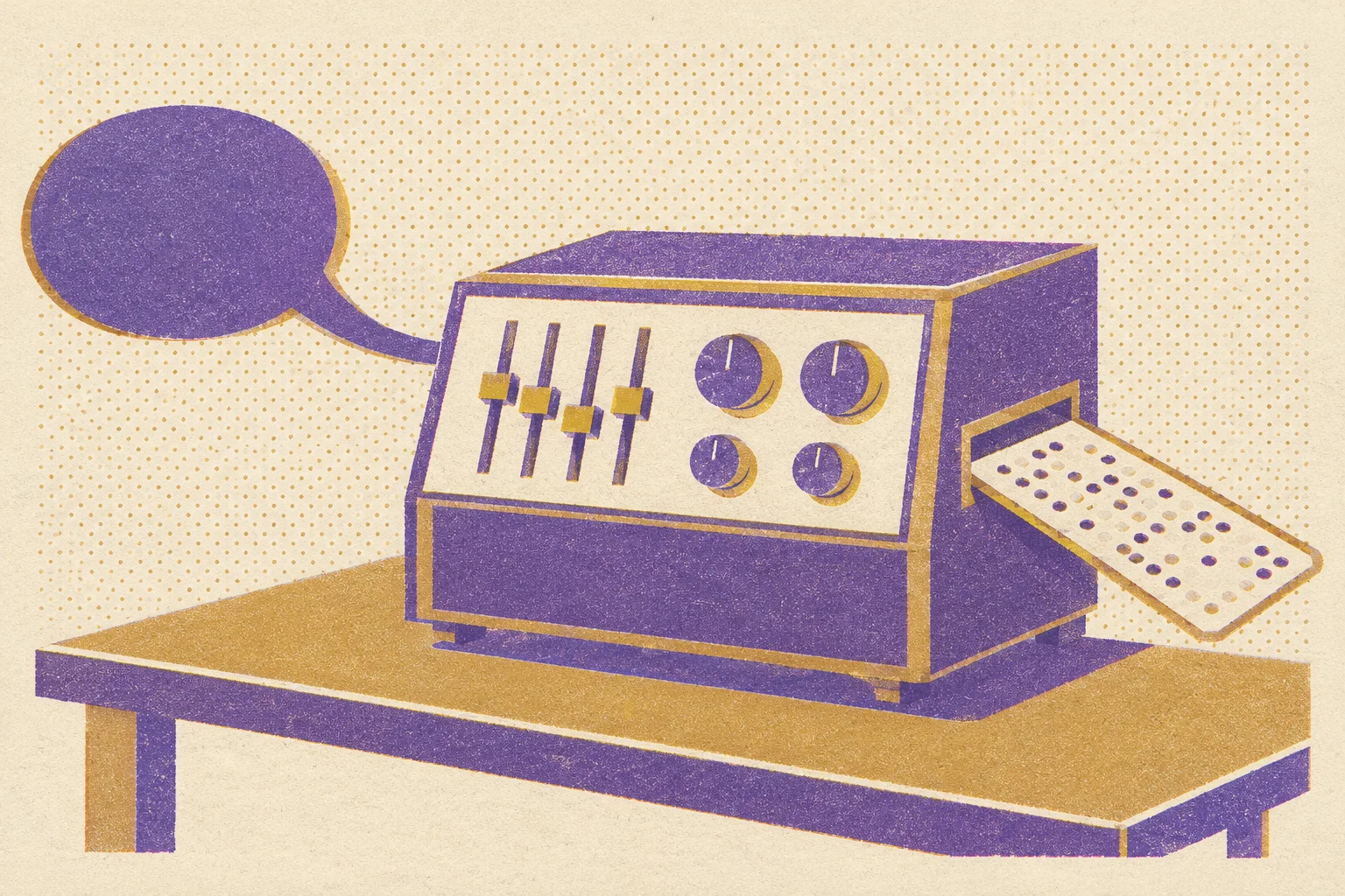 Console de test posée sur un établi, avec curseurs et boutons rotatifs, une bulle de dialogue qui entre à gauche et une carte perforée qui sort à droite