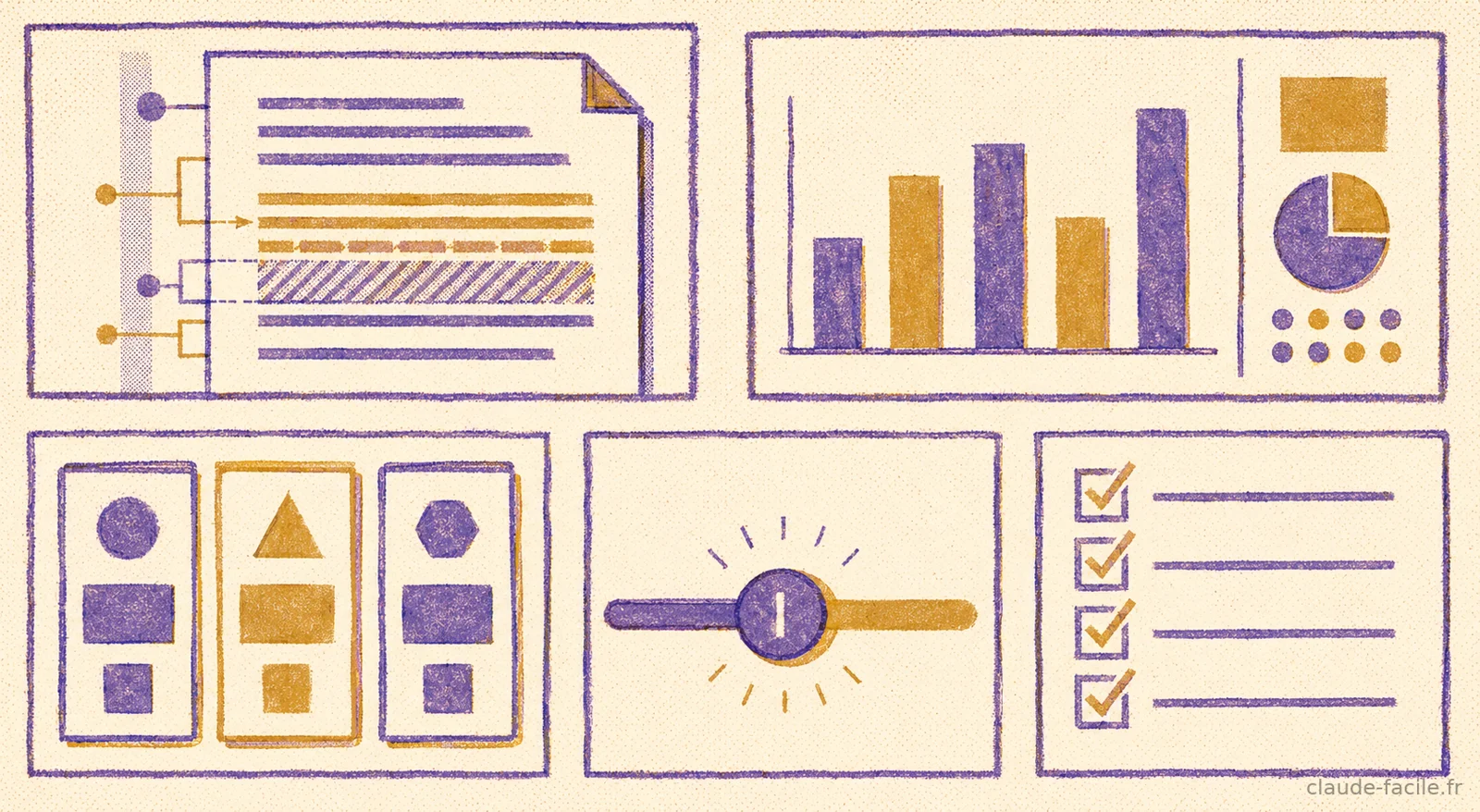 Grille de cinq panneaux illustrant les cas d'usage — diff annoté, dashboard à barres, cartes de comparaison, contrôle à curseur et checklist cochée