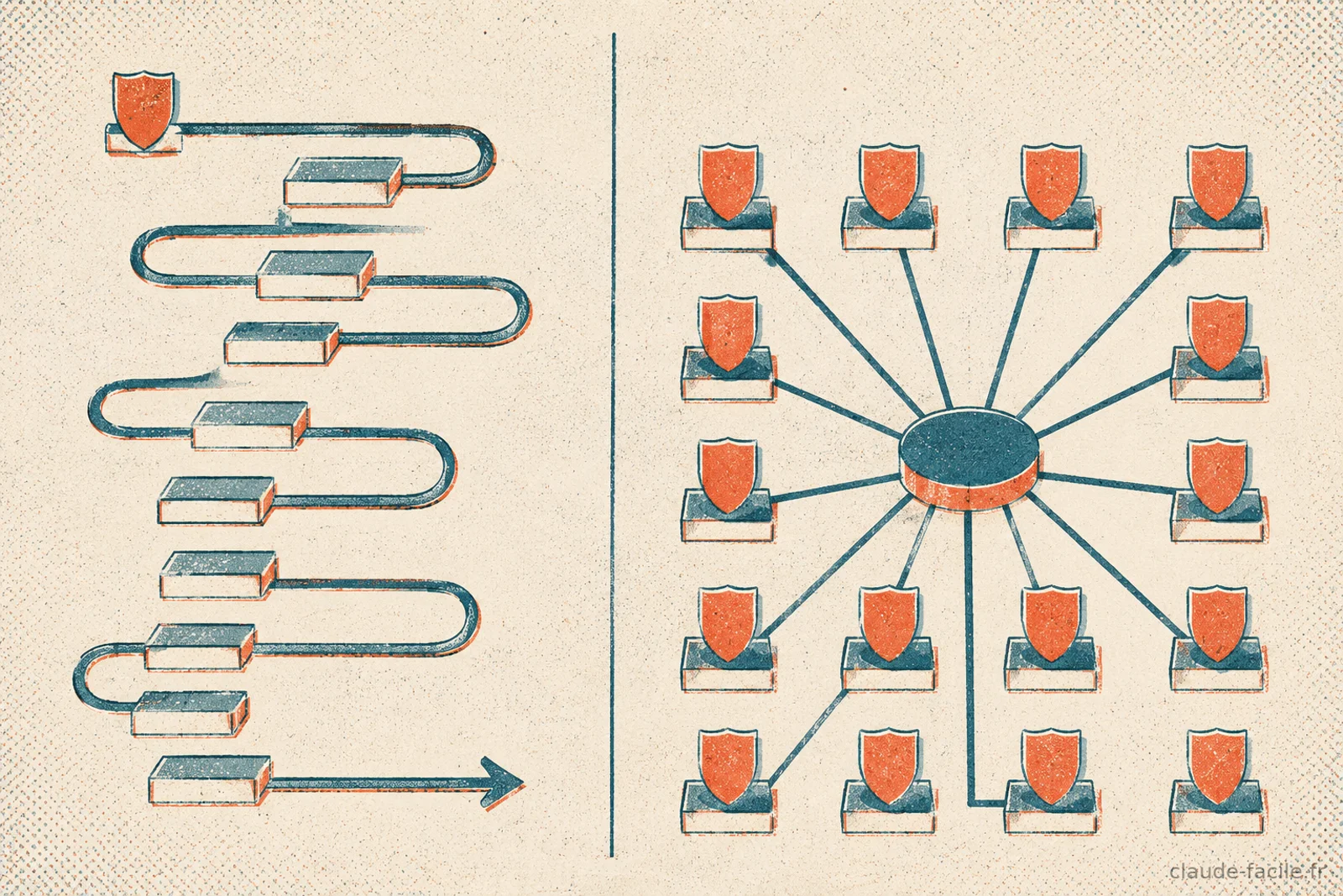 Illustration comparant deux audits de sécurité : à gauche un seul jeton bouclier parcourt une file de modules un par un le long d'un chemin sinueux, à droite un hub central inspecte simultanément une grille de modules en parallèle