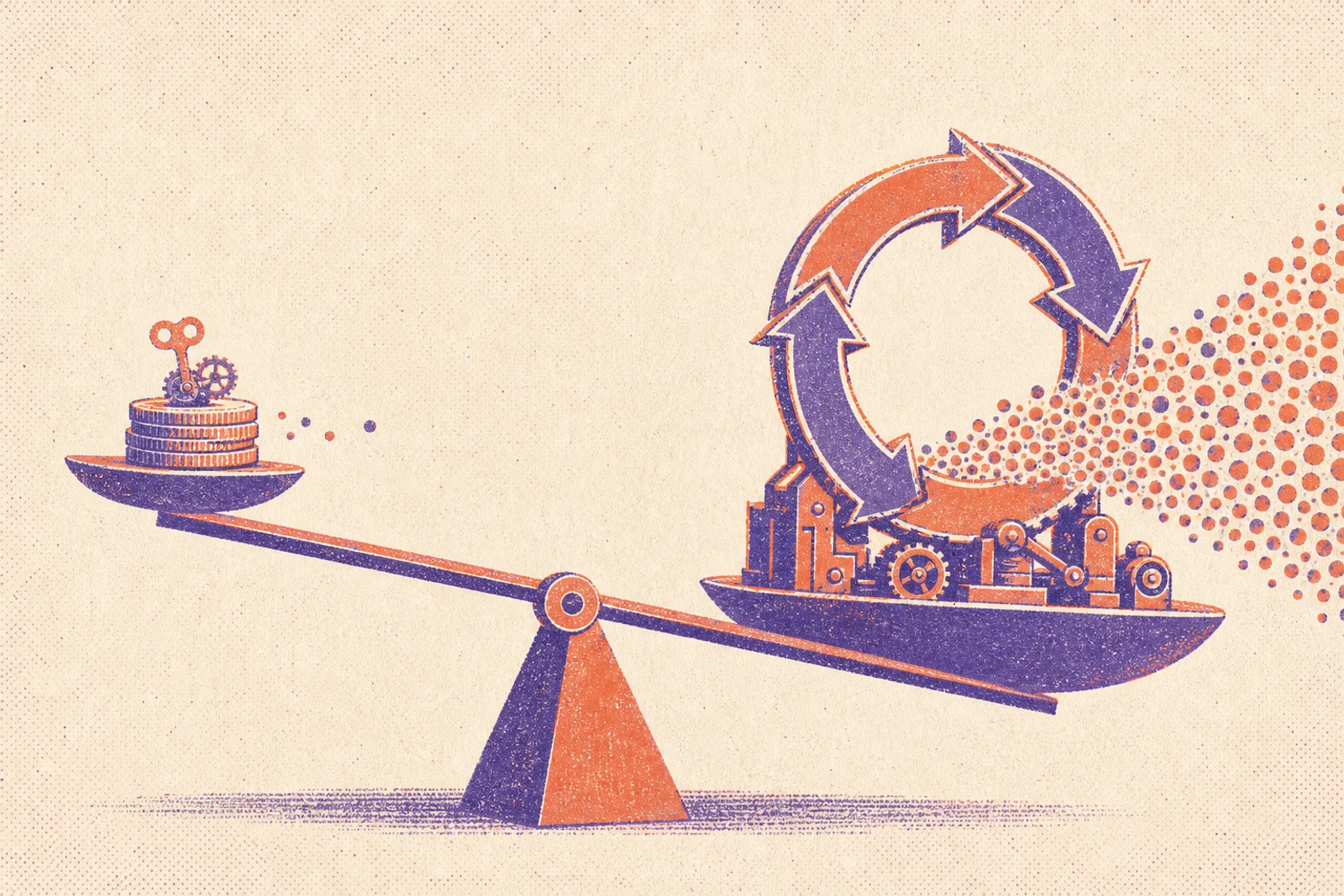Illustration d'une balance penchant fortement vers une boucle d'agents automatisee qui produit un flux dense de jetons, face a un usage humain ponctuel beaucoup plus leger