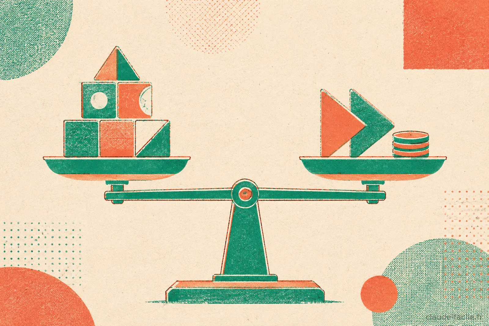 Illustration risograph d'une balance qui pèse des blocs géométriques d'un côté et des flèches et jetons de l'autre, évoquant l'équilibre entre capacités et garde-fous du mode restreint