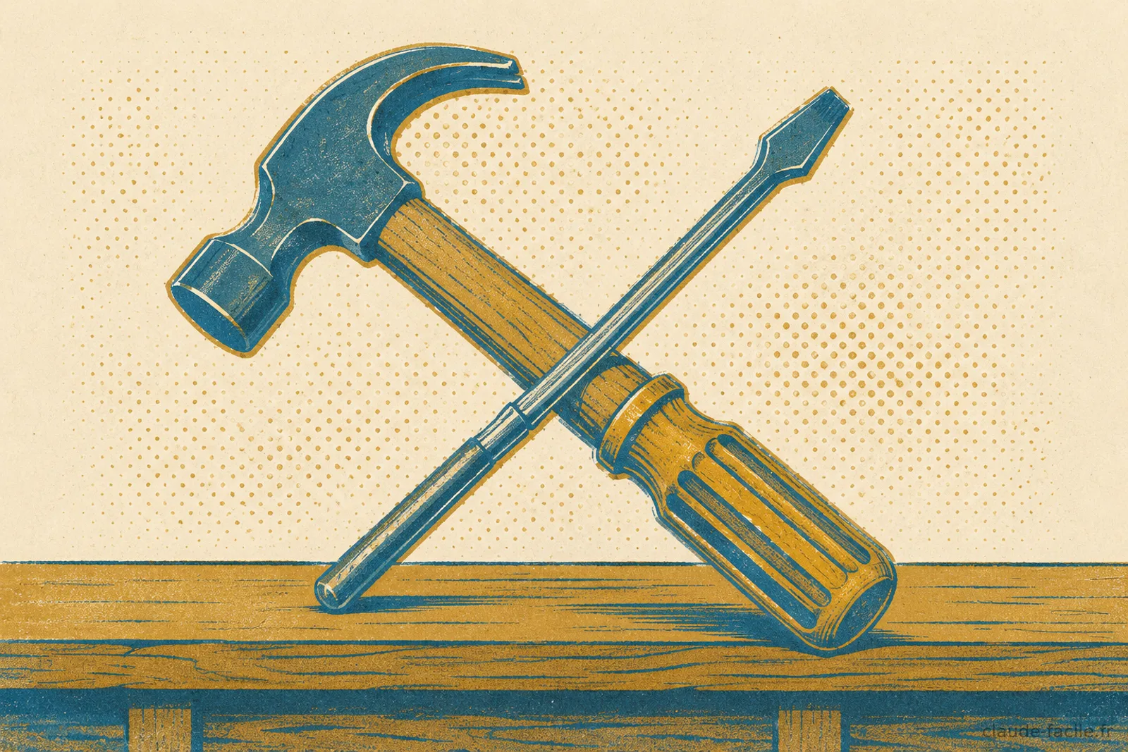 Illustration risograph d'un marteau et d'un tournevis croisés posés sur un établi en bois, évoquant l'outillage et l'infrastructure hébergée en interne