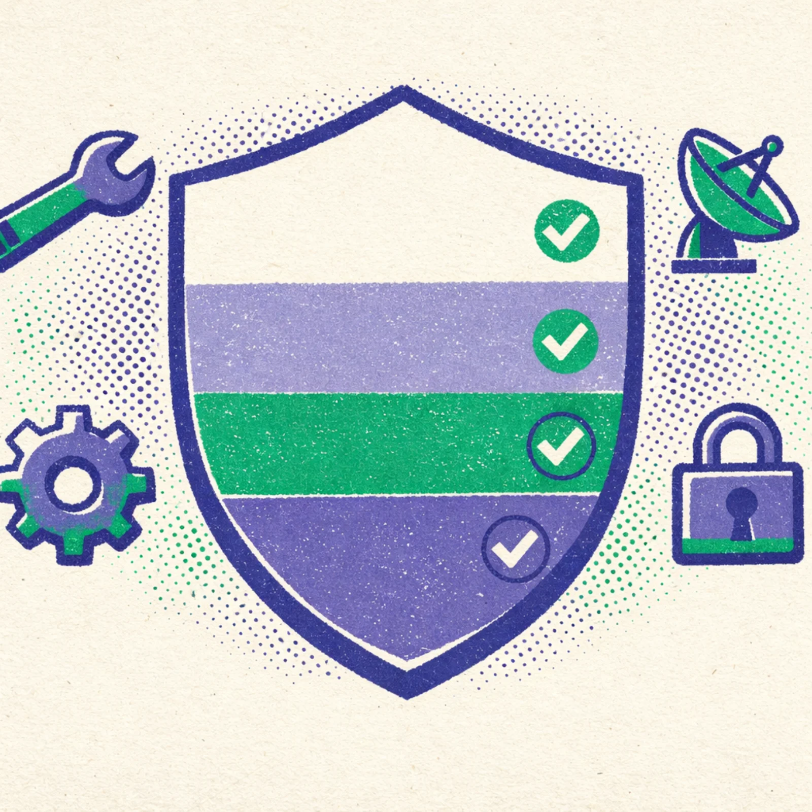 Bouclier geometrique en quatre bandes de couleurs avec des icones d'outils de securite disposes autour