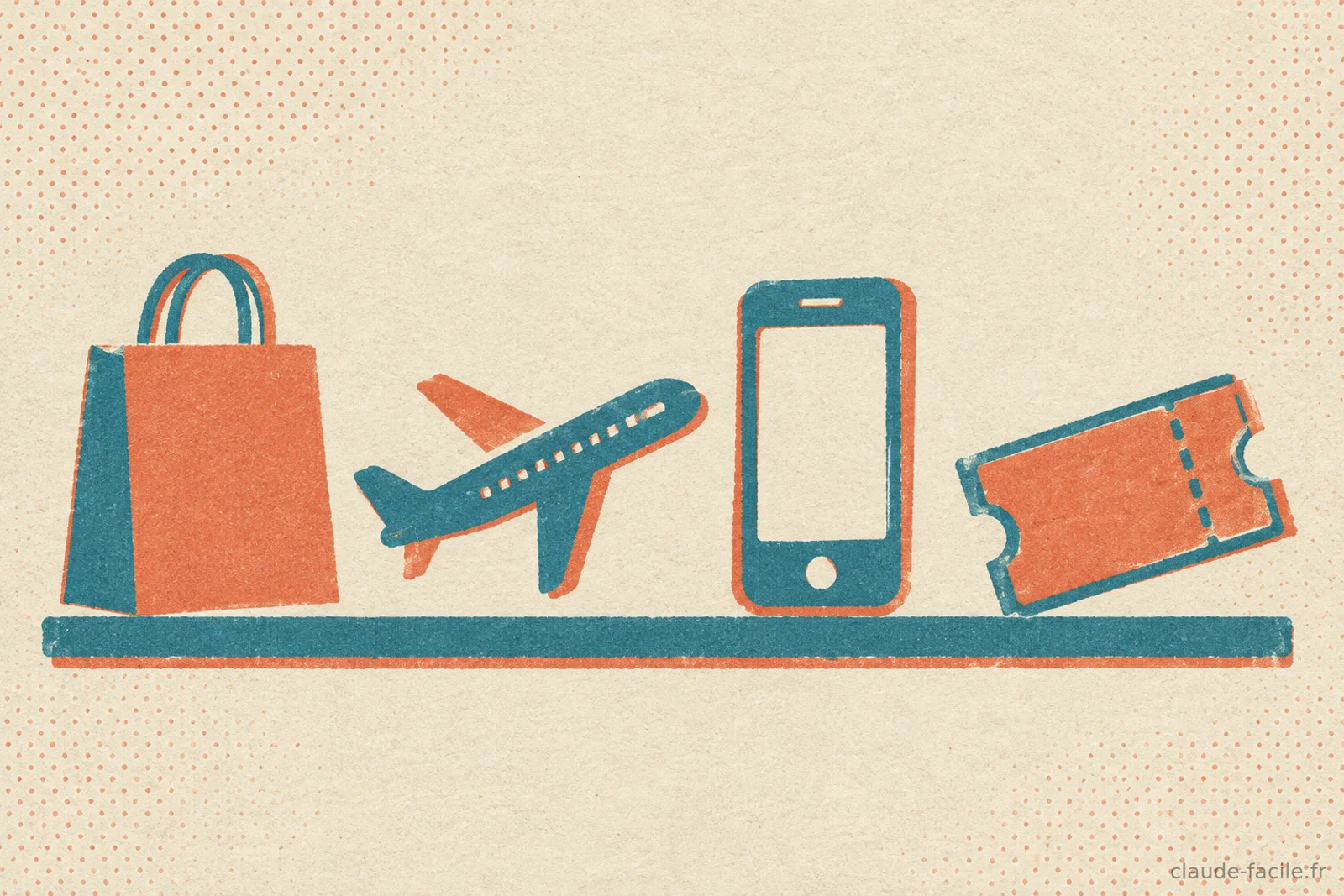 Quatre objets — sac de shopping, avion, telephone et billet — poses sur un socle commun representant les quatre verticales du blueprint