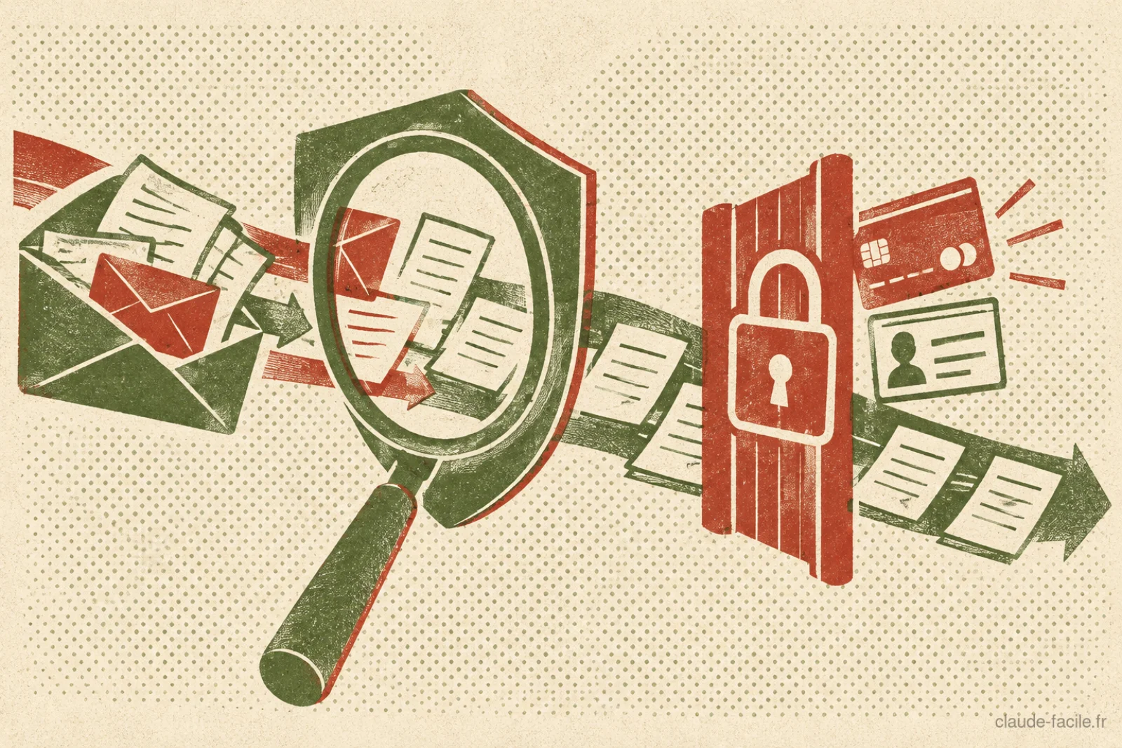 Des e-mails sortent d'une enveloppe et passent sous une loupe en forme de bouclier ; les documents ordinaires poursuivent leur chemin tandis qu'une carte bancaire et une pièce d'identité sont bloquées par une porte cadenassée