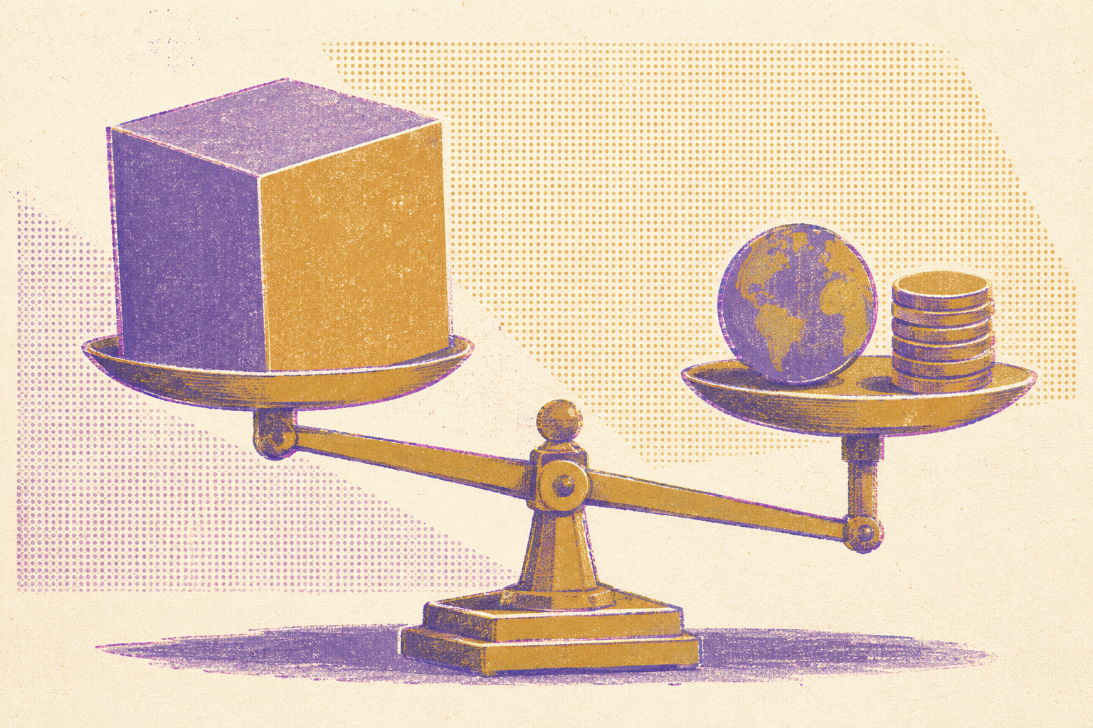 Une balance a deux plateaux : un gros cube representant la puissance brute du modele penche d'un cote, un globe et une pile de pieces representant geographie et budget de l'autre