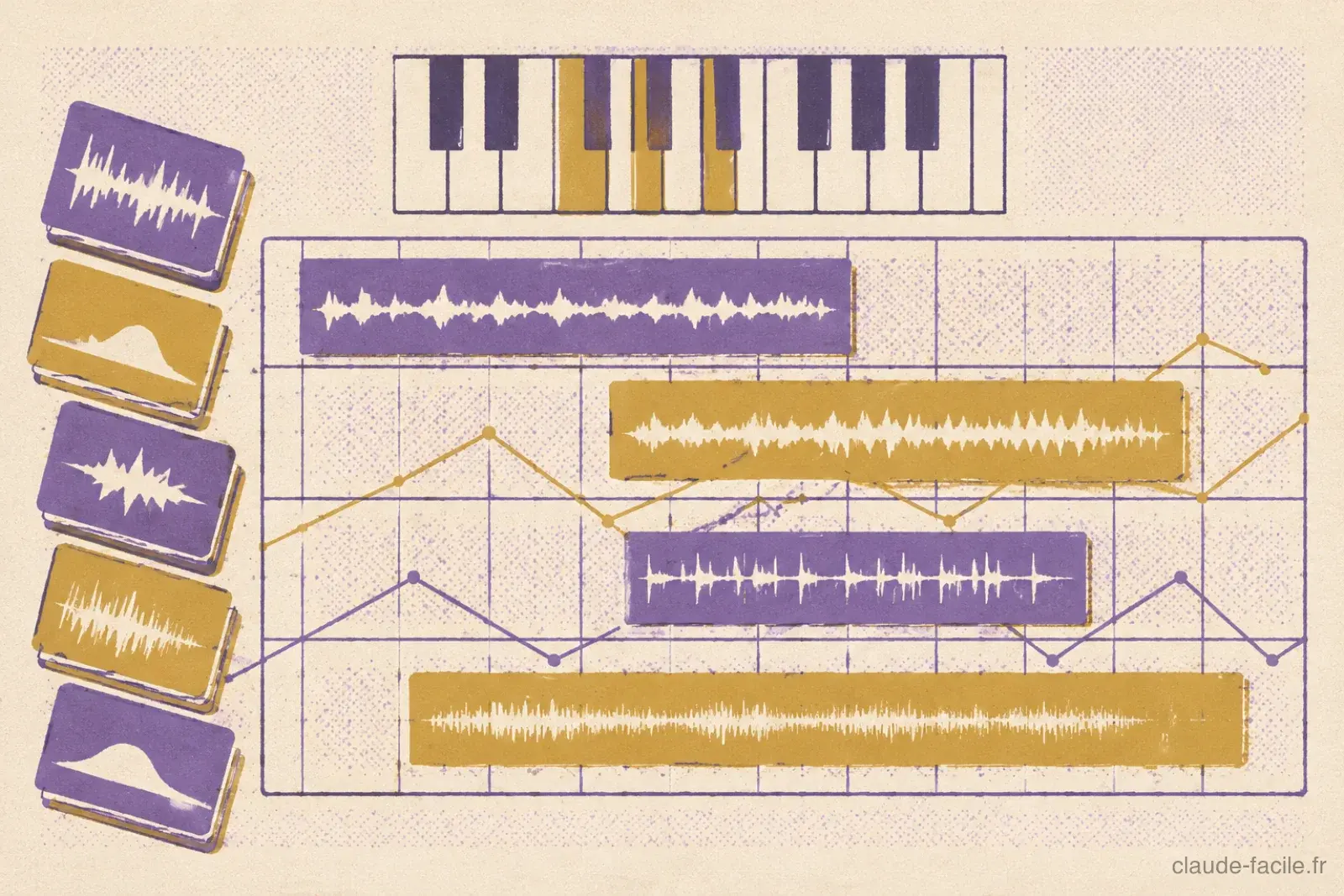 Illustration d'une timeline multi-pistes Ableton avec quatre clips audio colores, un clavier piano fragmente avec accord surligne et une pile de cartes de samples flottantes a gauche