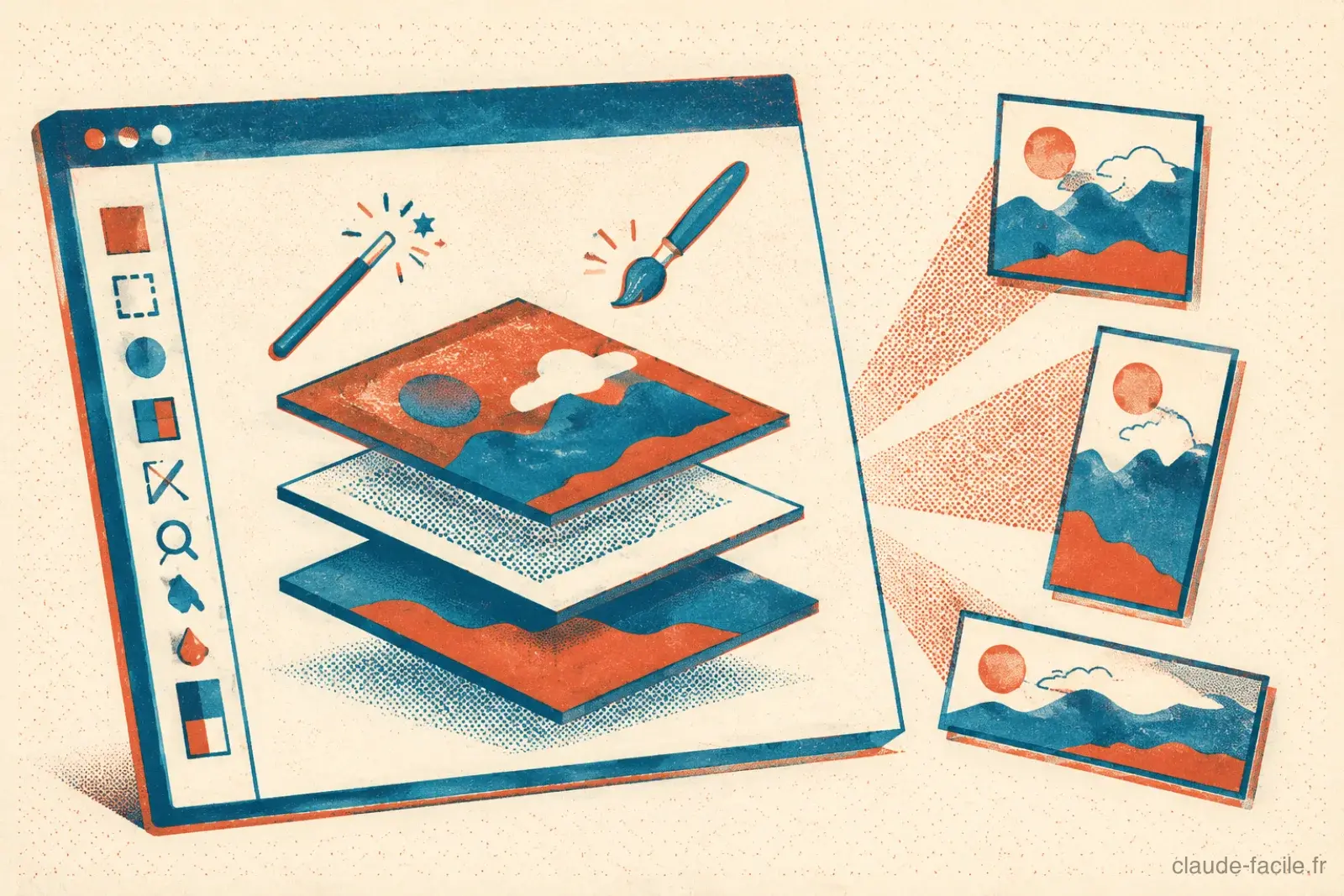 Illustration d'un canvas Photoshop avec trois calques empiles en perspective, un pinceau et une baguette magique flottants, et trois formats d'export en eventail (carre, story, banniere)