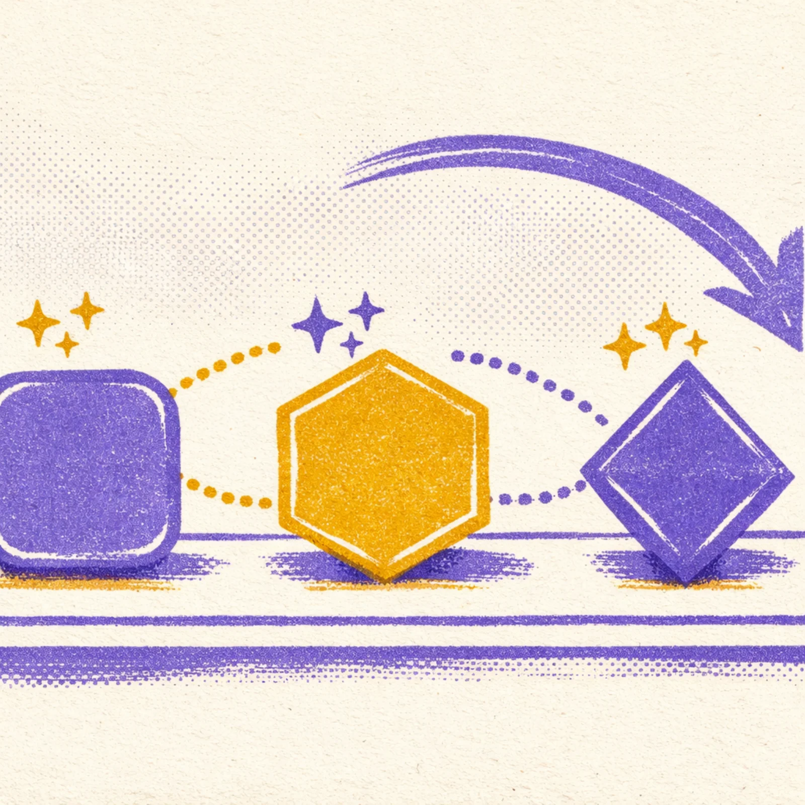 Trois formes géométriques distinctes reliées par des lignes pointillées représentant différents outils IA gratuits alternatifs