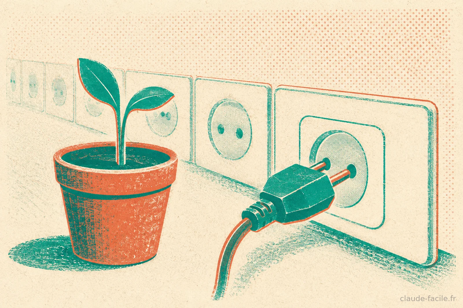 Une petite plante en pot avec deux jeunes pousses à côté d'une prise que l'on branche dans une seule fiche, symbolisant le fait de commencer petit et d'ajouter une connexion à la fois