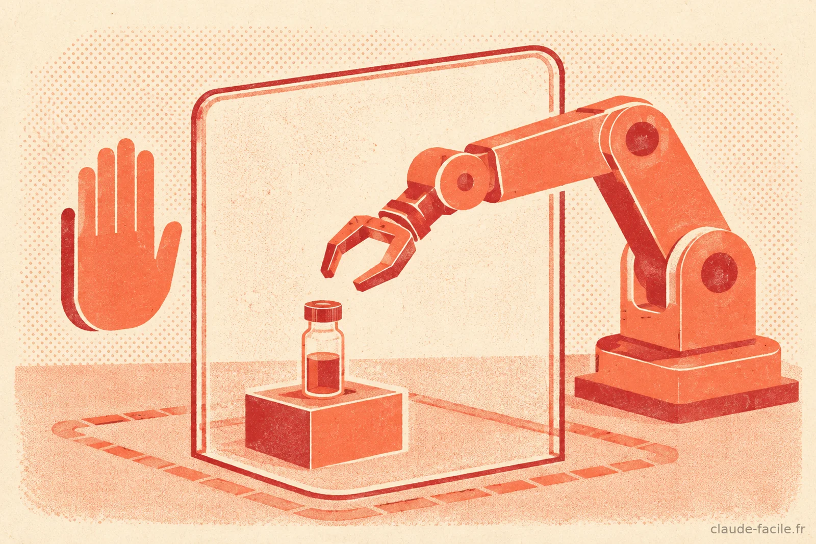 Un bras robotique s'arrete contre une barriere de protection au-dessus d'un flacon, avec une main levee signalant un point de confirmation avant action risquee