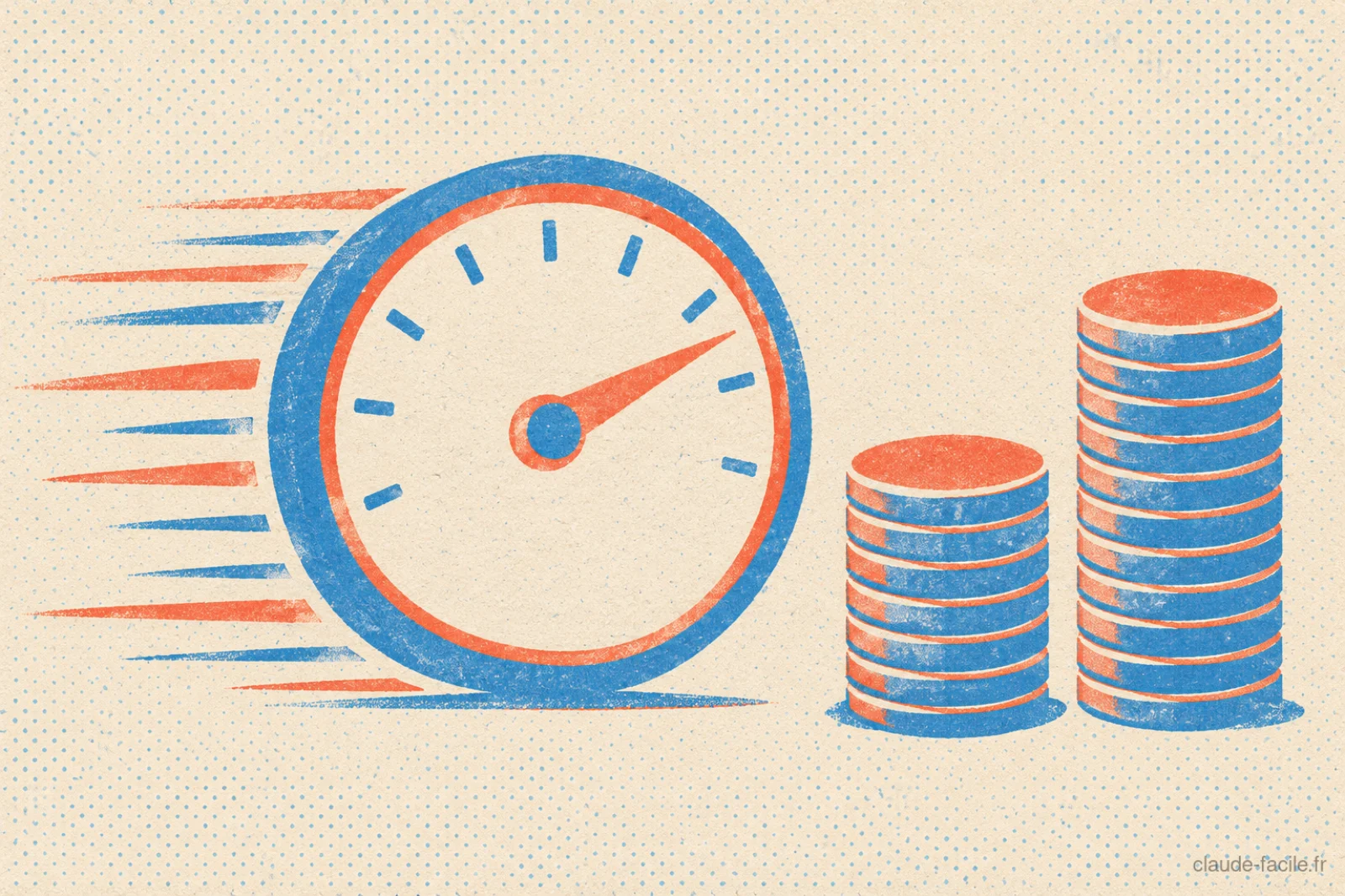 Illustration risographe : un grand compteur de vitesse dont l'aiguille est poussée à droite, à côté de deux piles de pièces, la seconde deux fois plus haute que la première