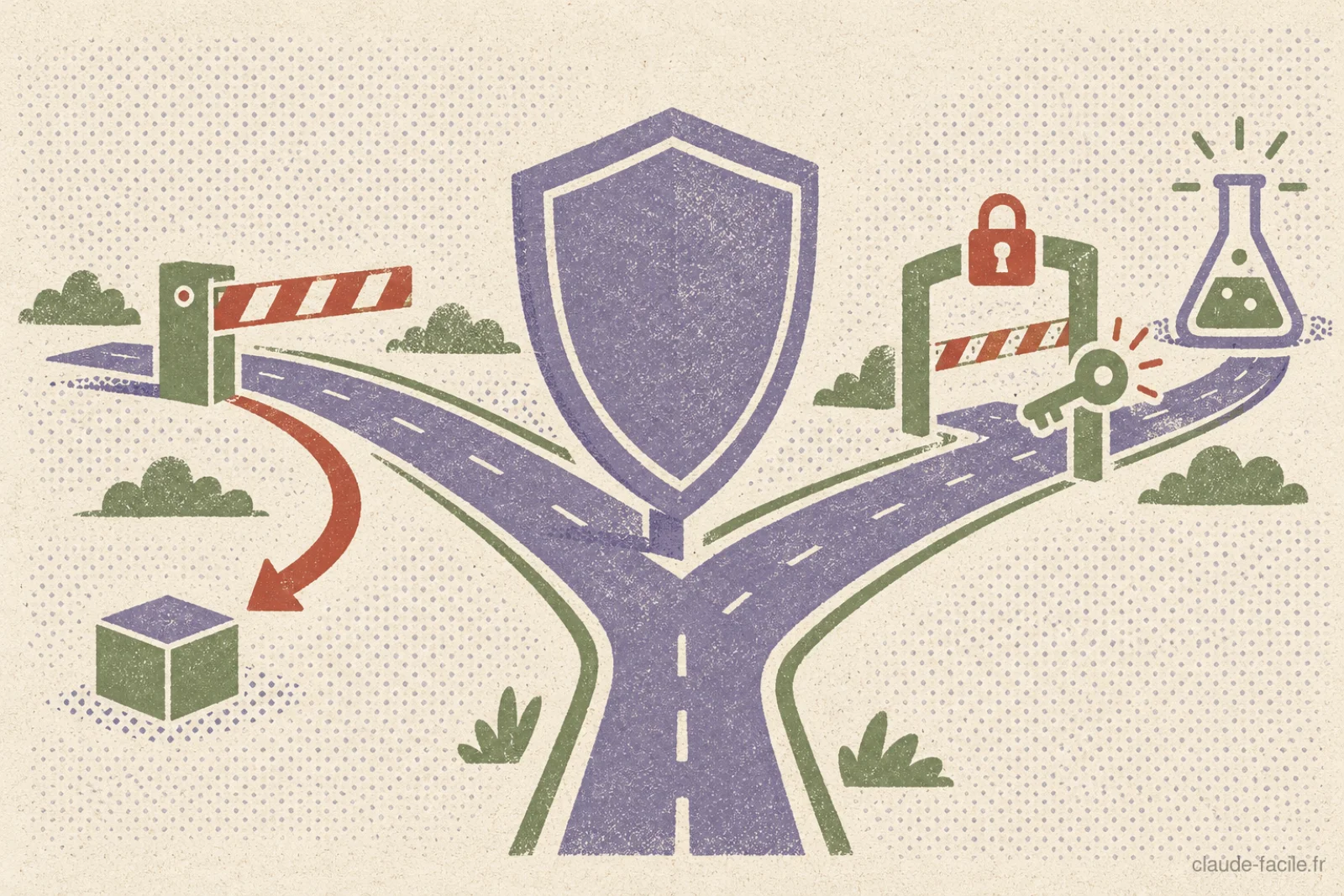 Illustration risographe : un bouclier devant une route qui se sépare en deux, la branche de gauche fermée par une barrière avec une flèche de déviation vers une petite boîte, la branche de droite passant par un cadenas et une clé avant d'atteindre une fiole de laboratoire