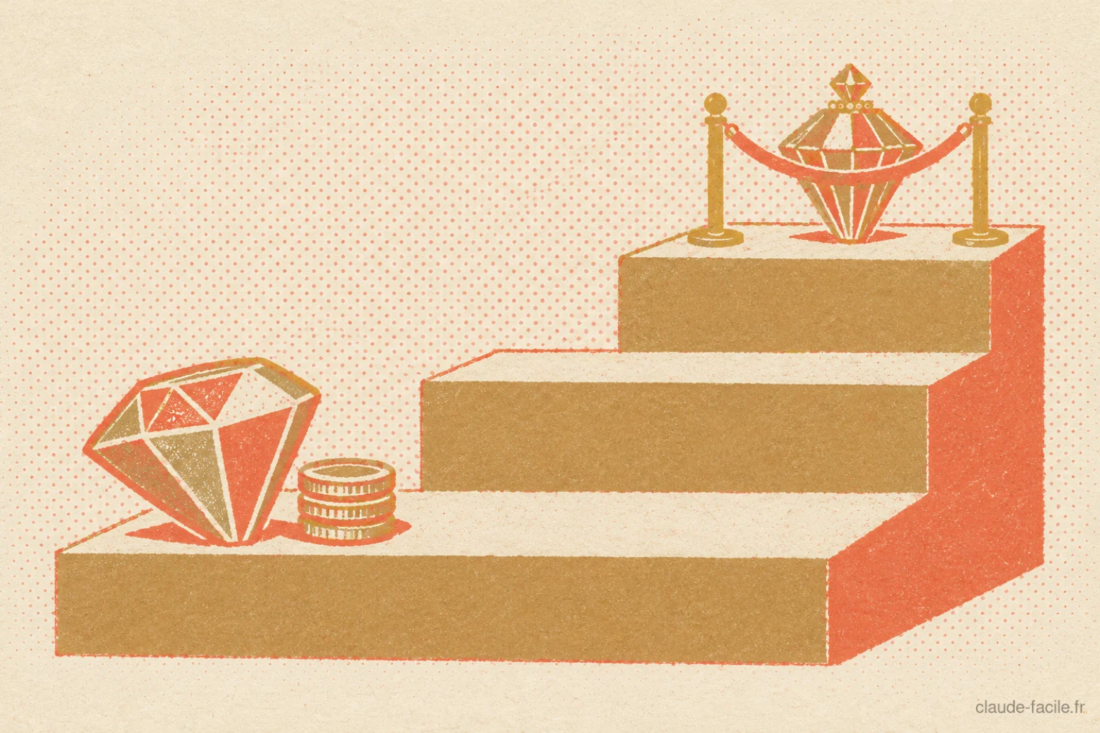 Illustration risographe : un escalier à trois marches, une grande gemme et une petite pile de pièces sur la marche du bas, une gemme plus petite et plus ornée derrière un cordon sur la marche du haut