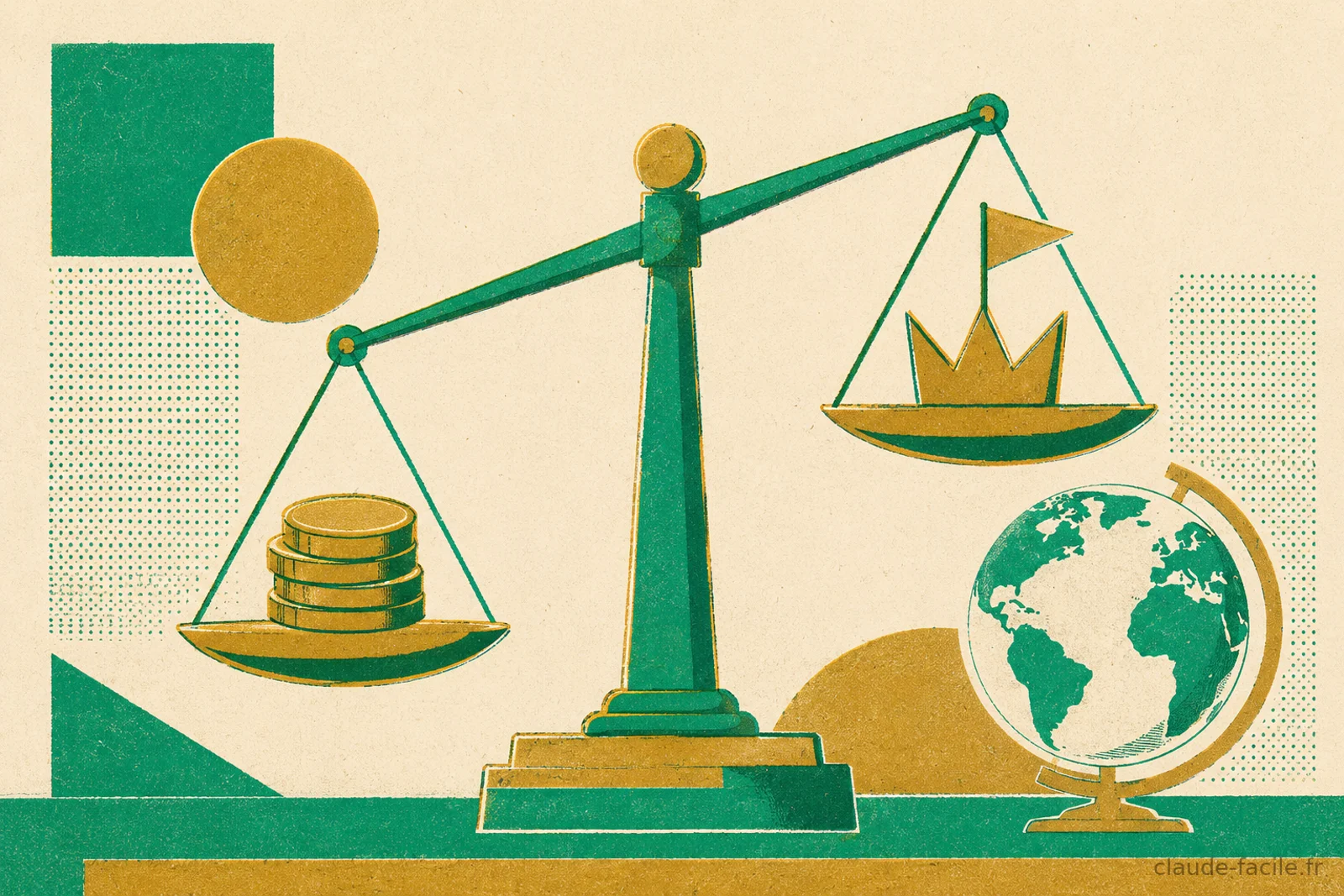 Une balance penchant en faveur du plateau marque d'un drapeau plutot que de la pile de pieces, avec un globe evoquant la disponibilite mondiale