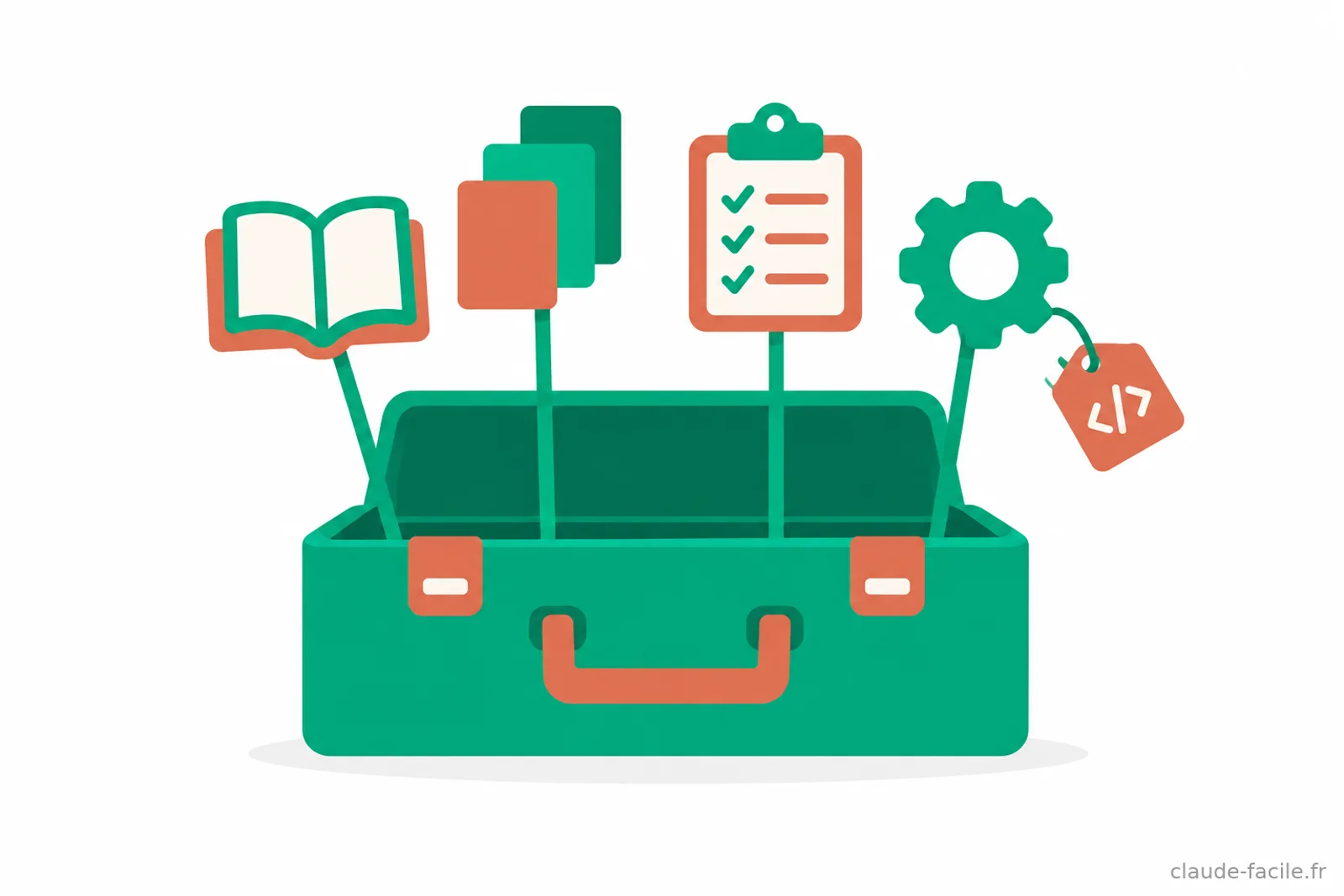 Boîte à outils ouverte d'où émergent des icônes pédagogiques : livre de préparation, cartes de différenciation par niveau, checklist de vérification et engrenage d'automatisation