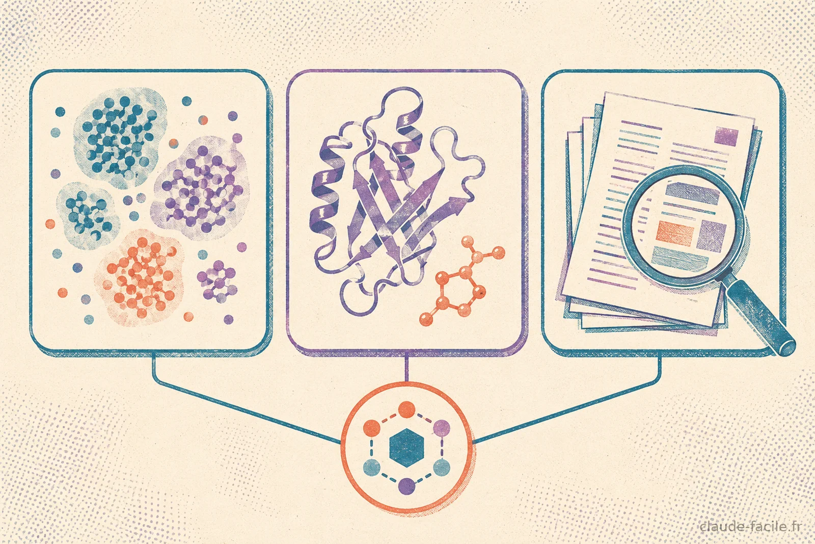 Trois panneaux de workflow relies a un agent central : clusters de cellules uniques, structure de proteine en ruban 3D, et pile de documents inspectee a la loupe pour verifier les citations