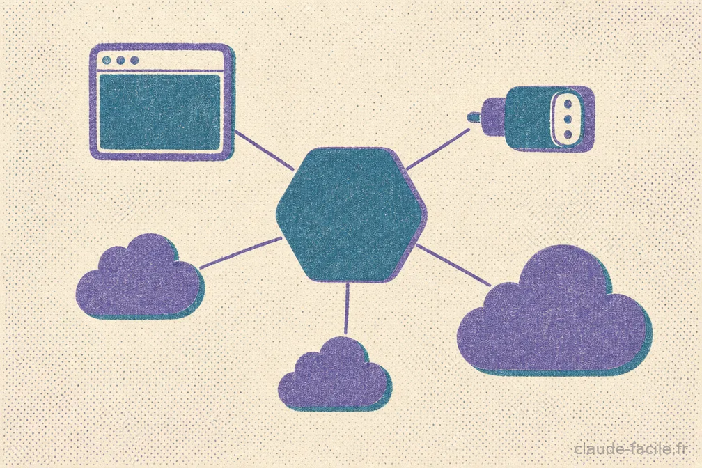 Un modèle central relié par des connecteurs à un navigateur web, une prise d'API et trois plateformes cloud
