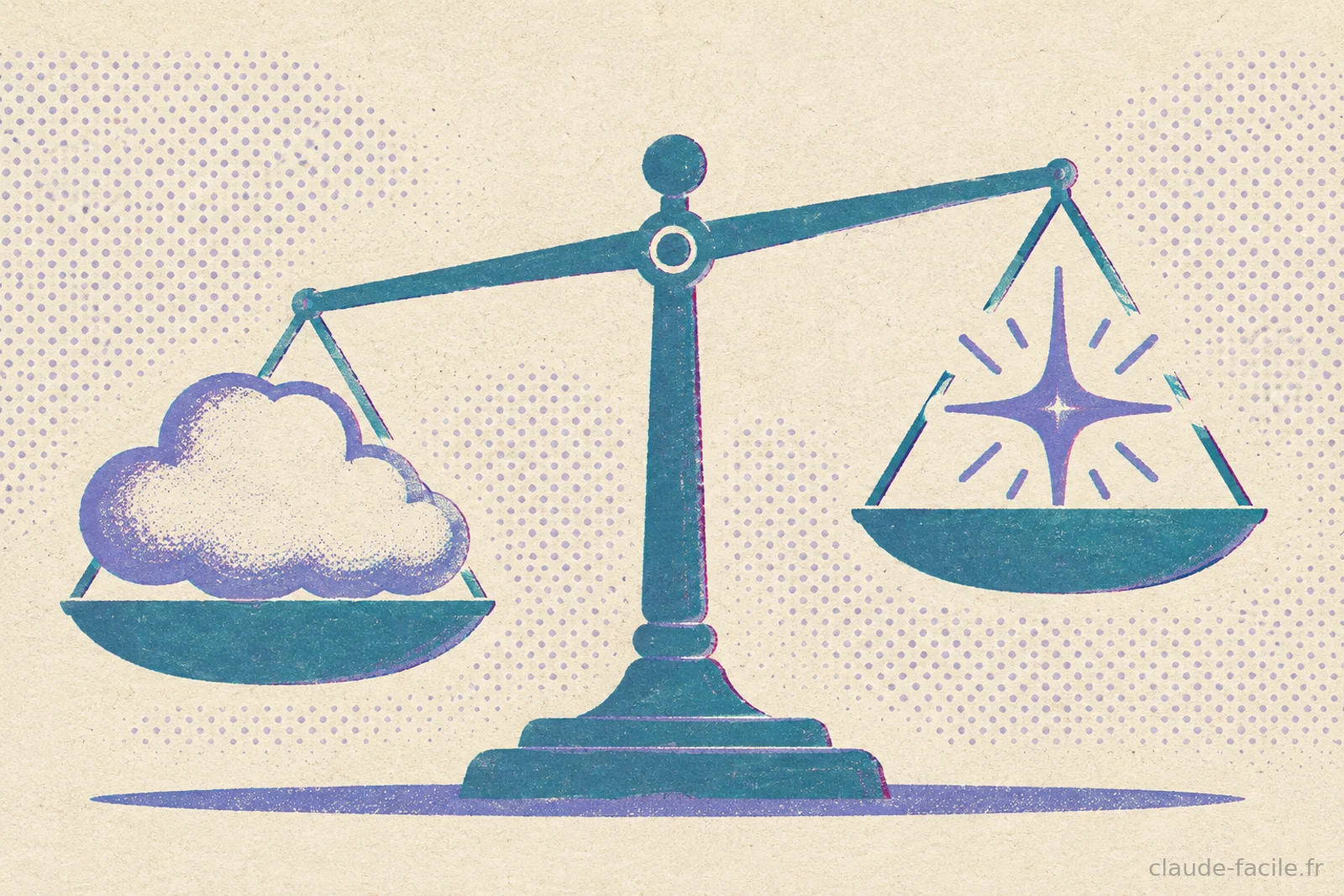 Une balance mettant en regard un nuage stylise et un eclat lumineux, symbole d'une decision a peser entre l'ecosysteme Salesforce et l'apport de Claude