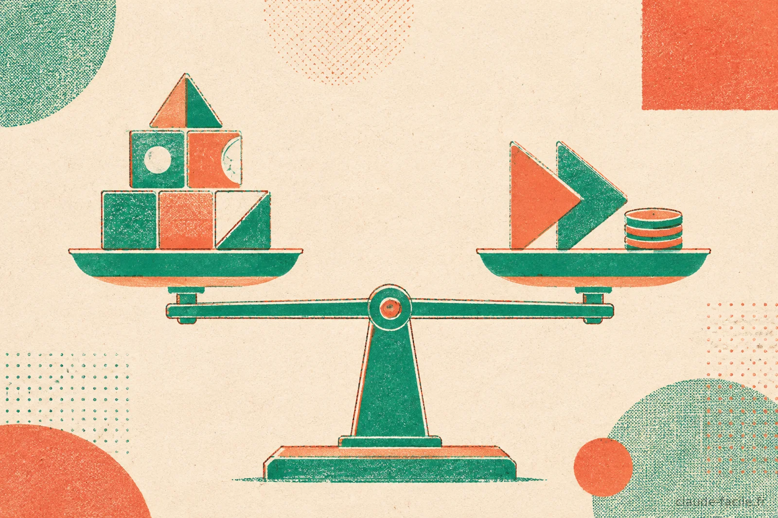 Balance a plateaux illustrant le compromis : d'un cote une pile de blocs de code soignes, de l'autre une fleche de vitesse et des jetons de tokens