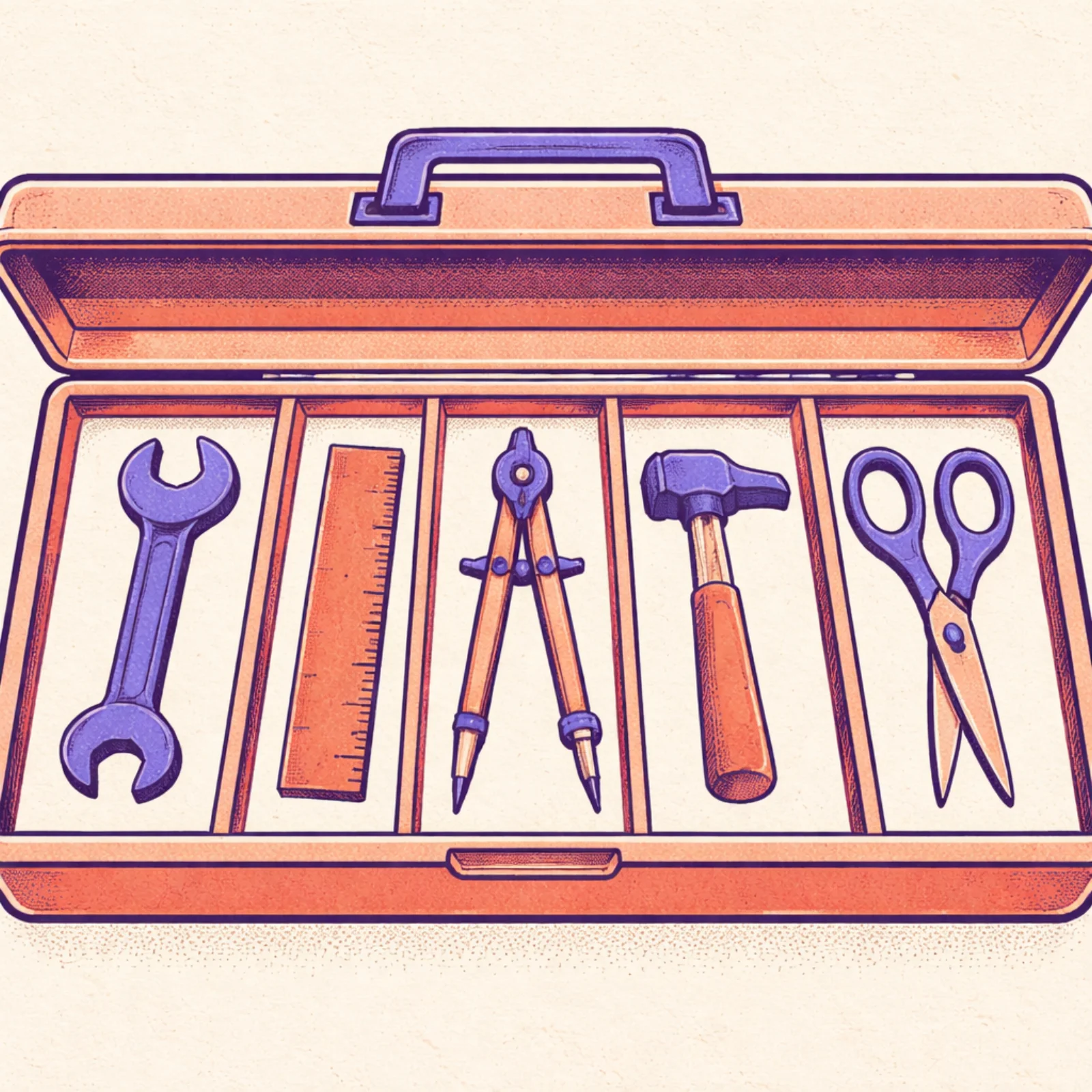 Boîte à outils ouverte vue de dessus avec cinq petits outils géométriques rangés dans des compartiments séparés